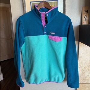 Patagonia Teal, Aqua & Pink Synchilla Snap-T Fleece Pullover